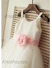 Thin Straps Ivory Sequin Tulle Wedding Flower Girl Dress With Pink Flower Sash